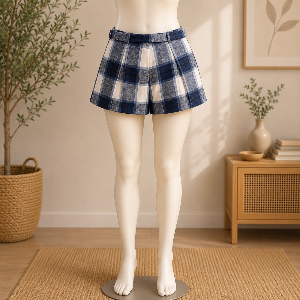 NWT Cupshe Plaid‎ Mini Skirt Womens L Blue White Pleated Belted Flannel Preppy